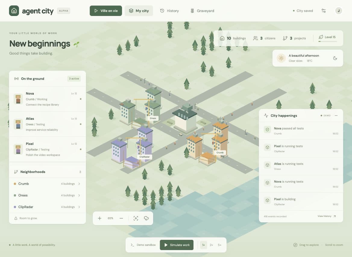 Agent City demo: an animated city and coding-agent activity panels