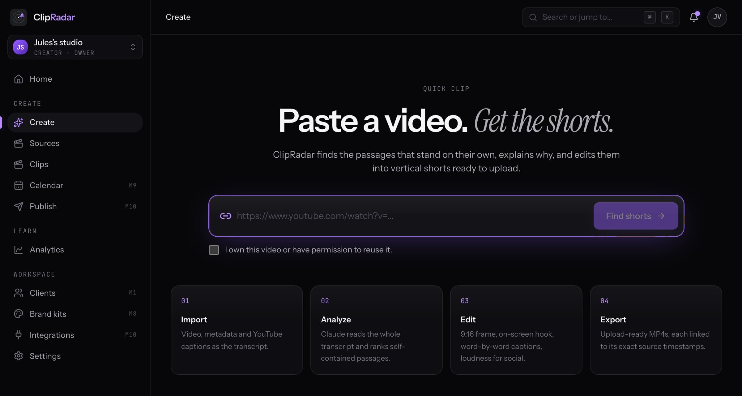 ClipRadar: paste a video link to get shorts