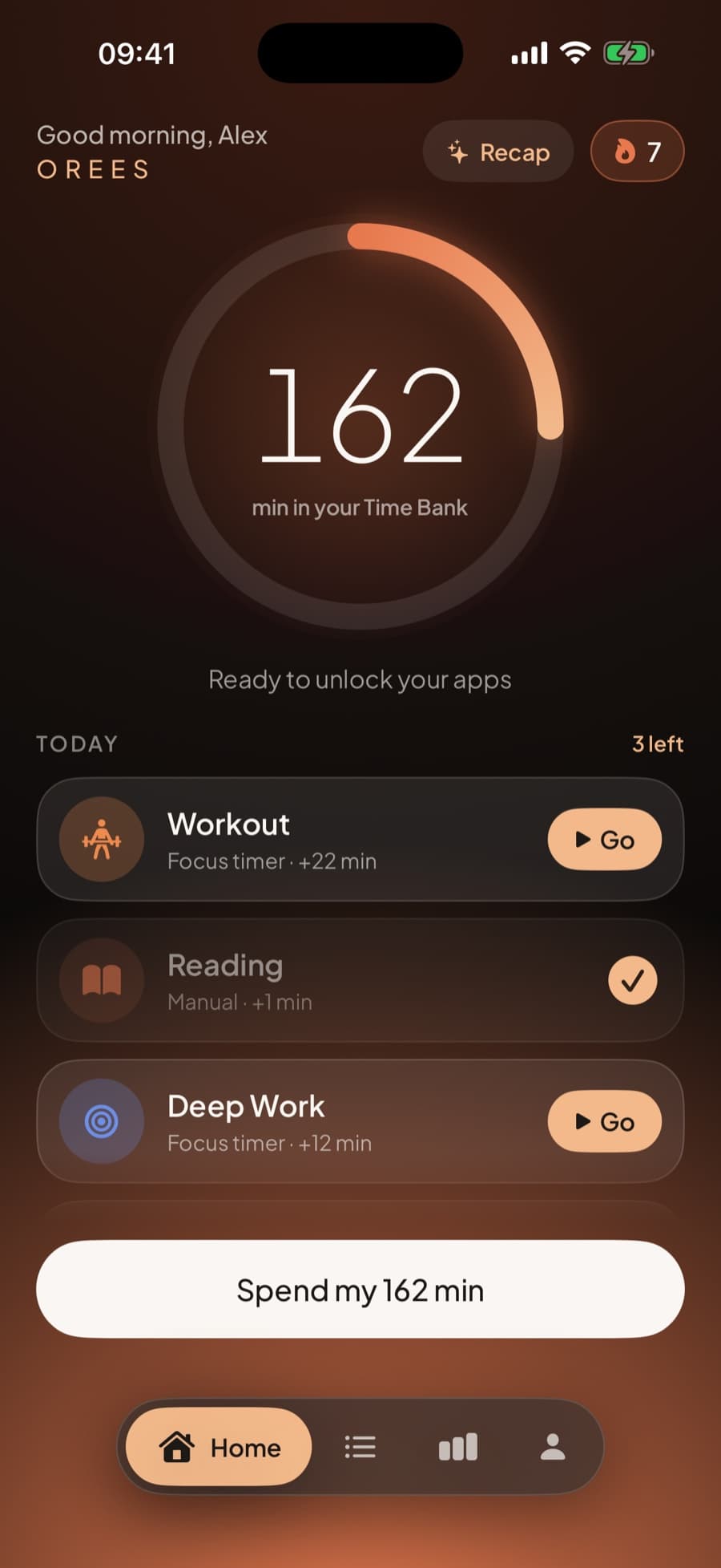 Orees home screen: minutes earned and today’s habits
