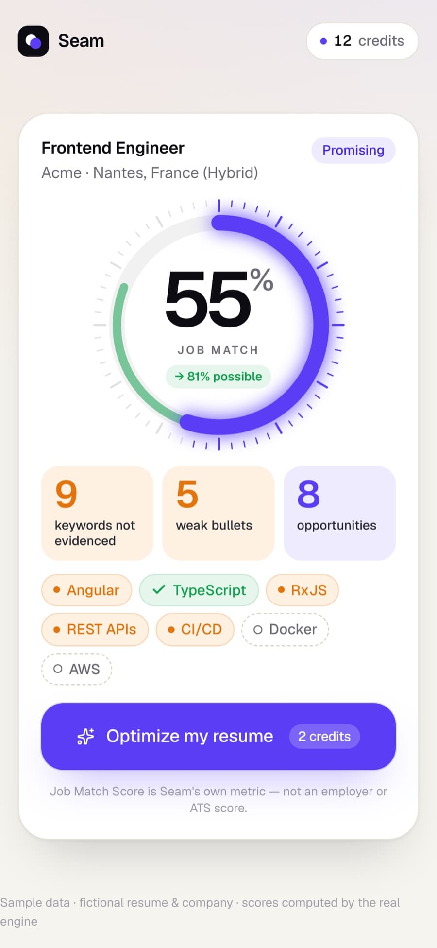 Match score and missing keywords
